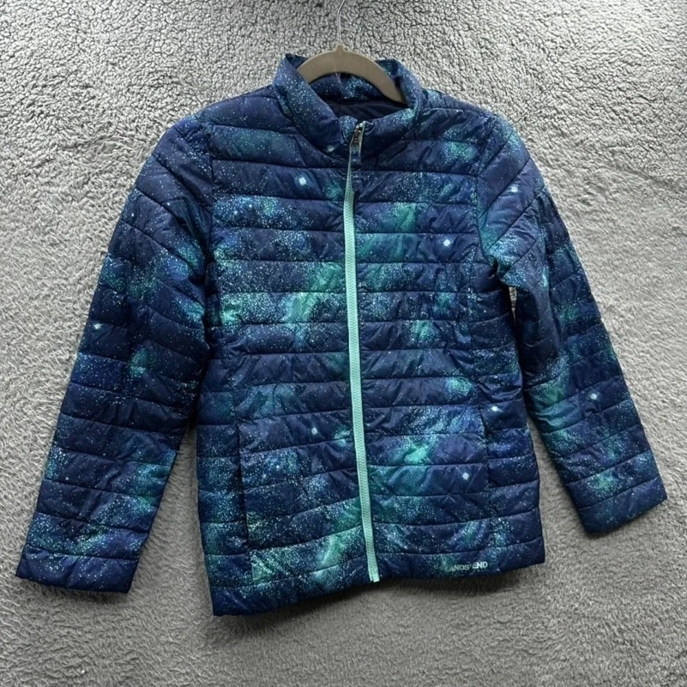 Lands End Kids Large (10-12) Galaxy Print Puffer Jacket Blue Teal Star Full Zip